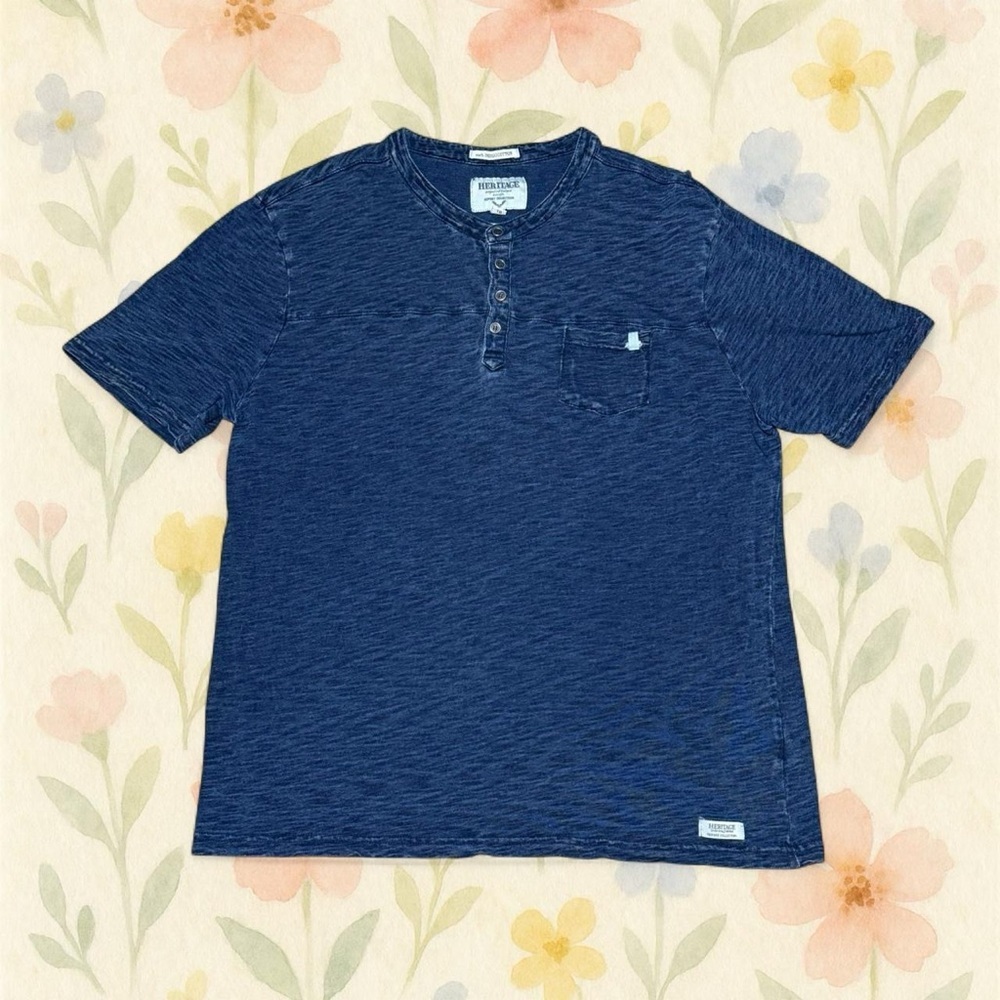 Heritage 100% Indigo Cotton Henley Shirt Mens XL Slim Fit Blue Pocket Tee